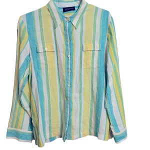 JNY Jones New York Striped 100% Linen Shirt Blouse blue yellow green women’s LG